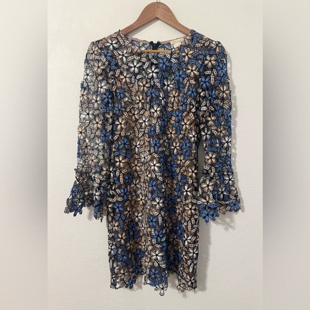 Shoshanna Lace Crocheted Floral Dress Flare Sleeves Mod Retro Size 4 P